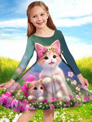 Girls Flower Kitty Long Sleeve Dress Spring Fall Party Gift
