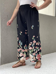 Floral Print Shirred Waist High Rise Wide Leg Trousers