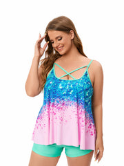 Women's Plus Size Sequin Print Criss Cross Tankini Set