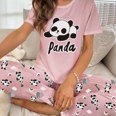 Panda Print Pajama Set Short Sleeve Top & Pants
