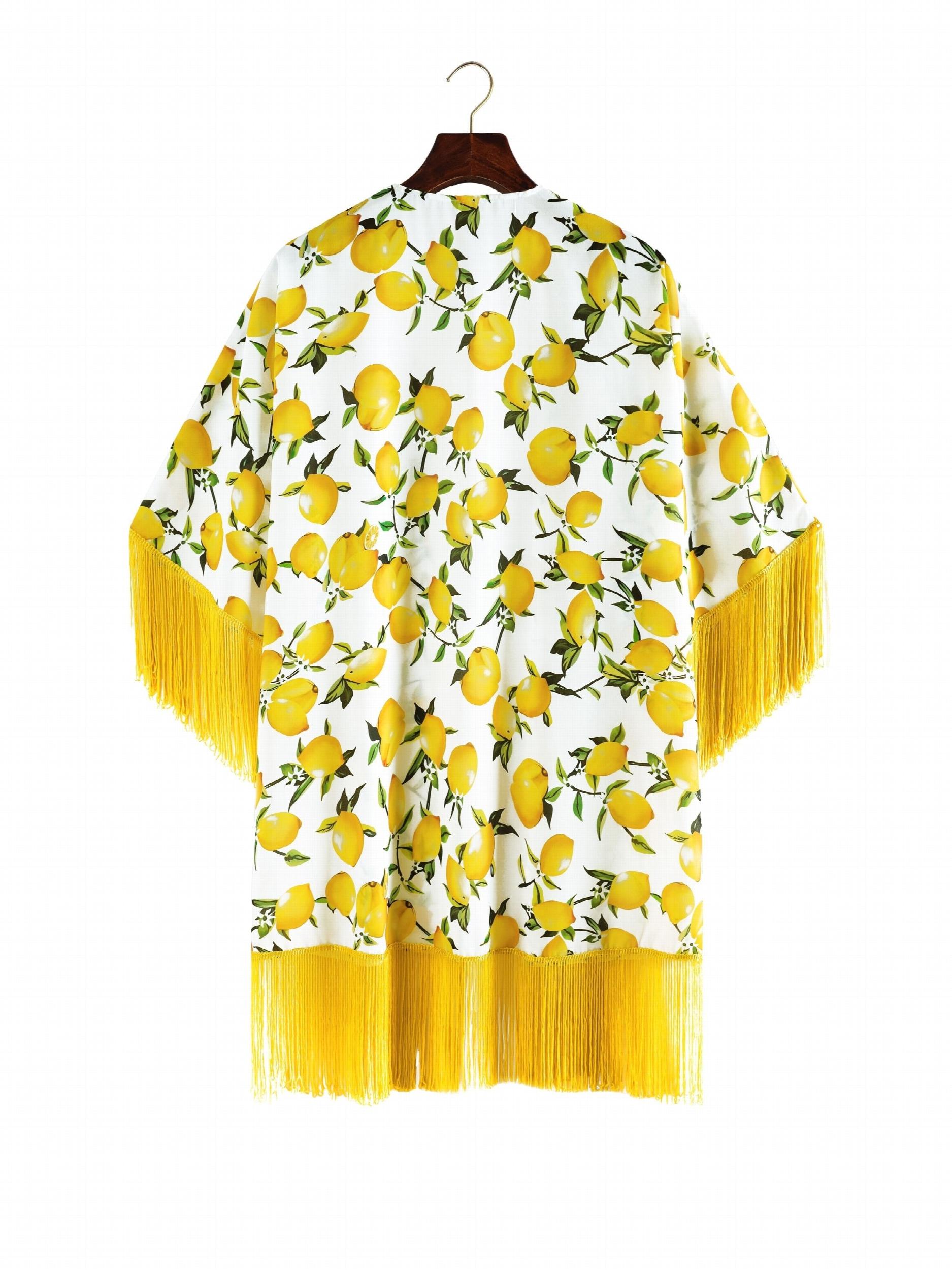 Fruit Print Tassel Cover Up Shirt V Neck Loose Fit Beachwear Kimono