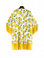 Fruit Print Tassel Cover Up Shirt V Neck Loose Fit Beachwear Kimono