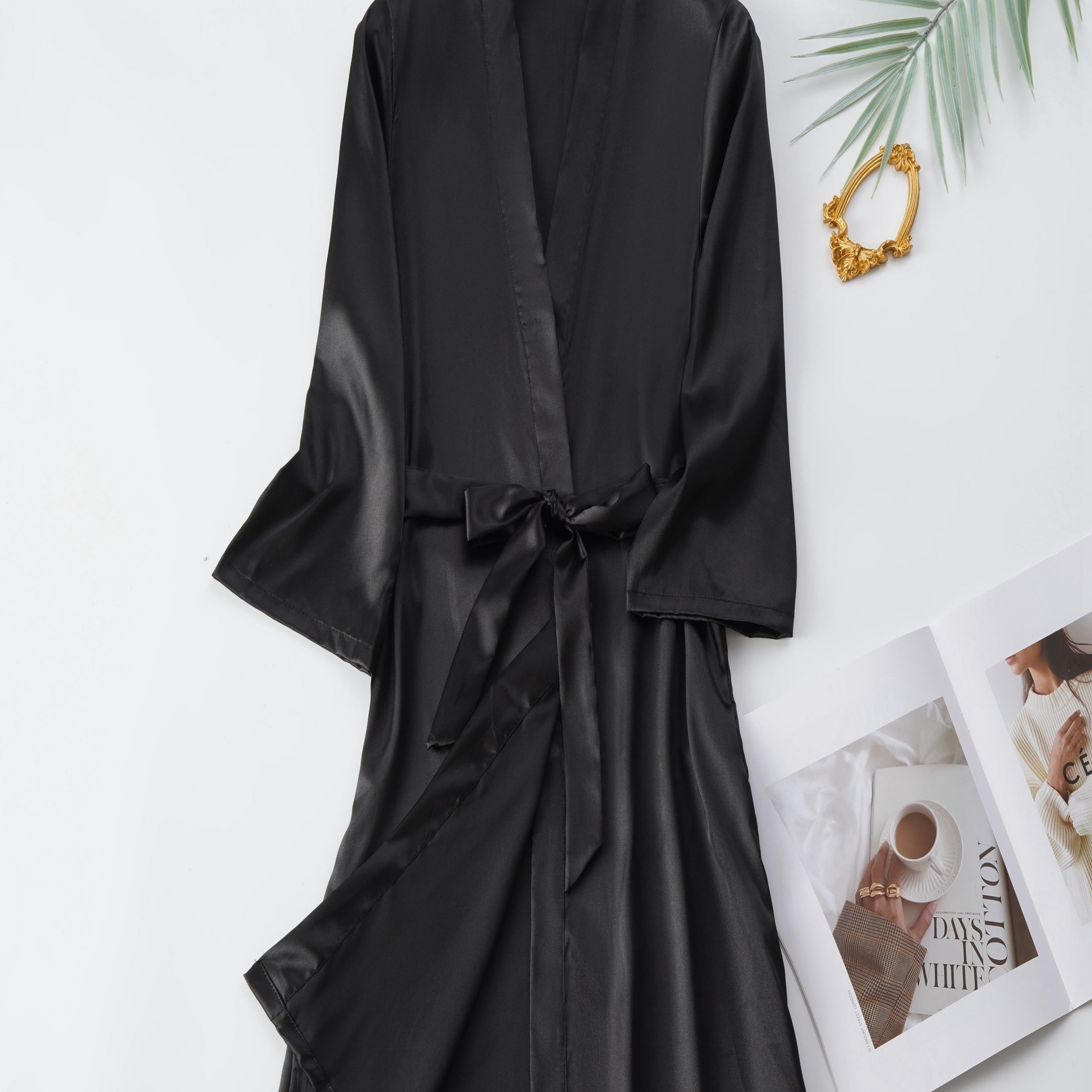Satin Long Sleeve V Neck Robe with Belt