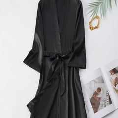 Satin Long Sleeve V Neck Robe with Belt