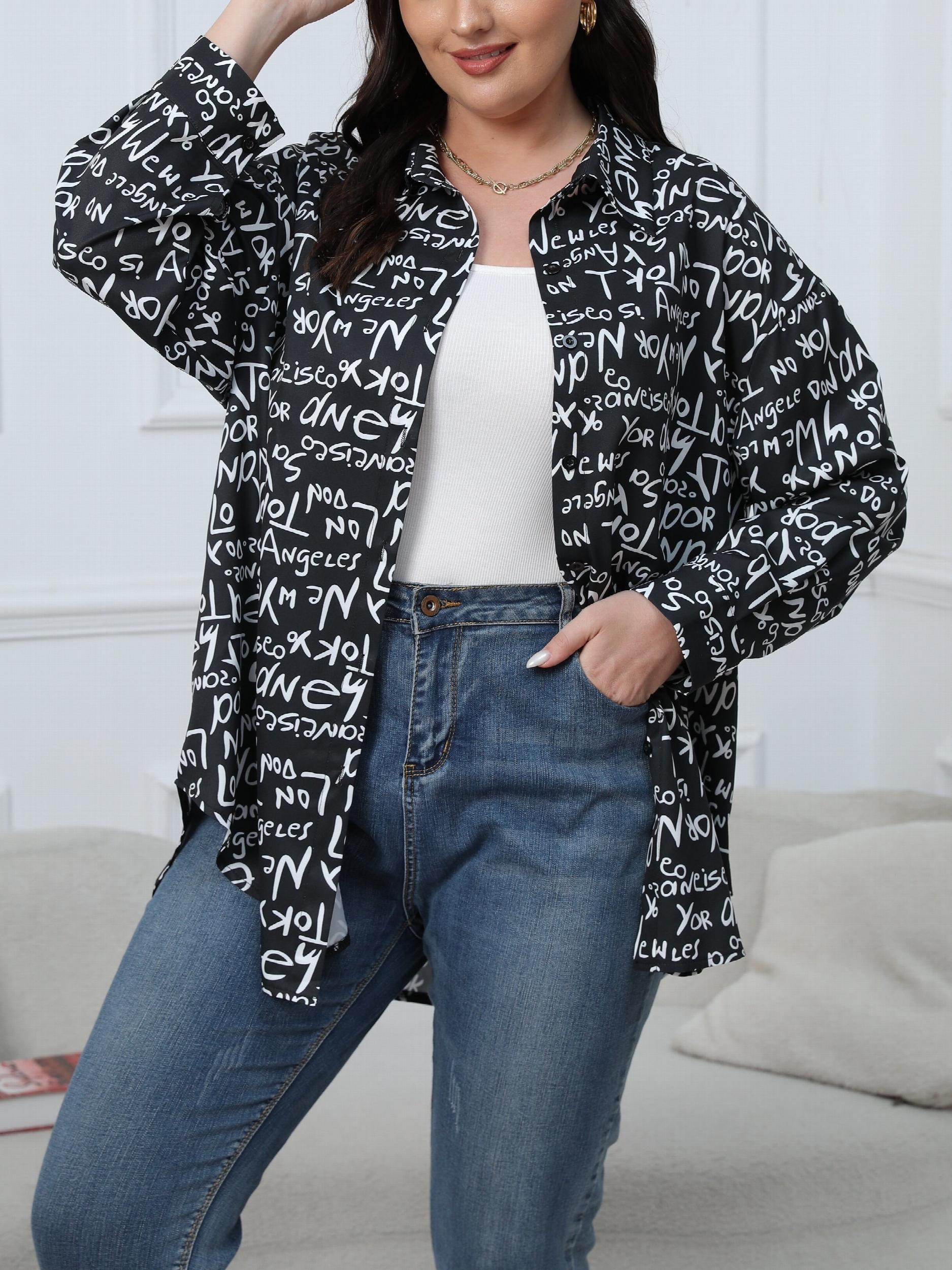 Casual Blouse Women's Plus Graffiti Print Long Sleeve Button Up Shirt