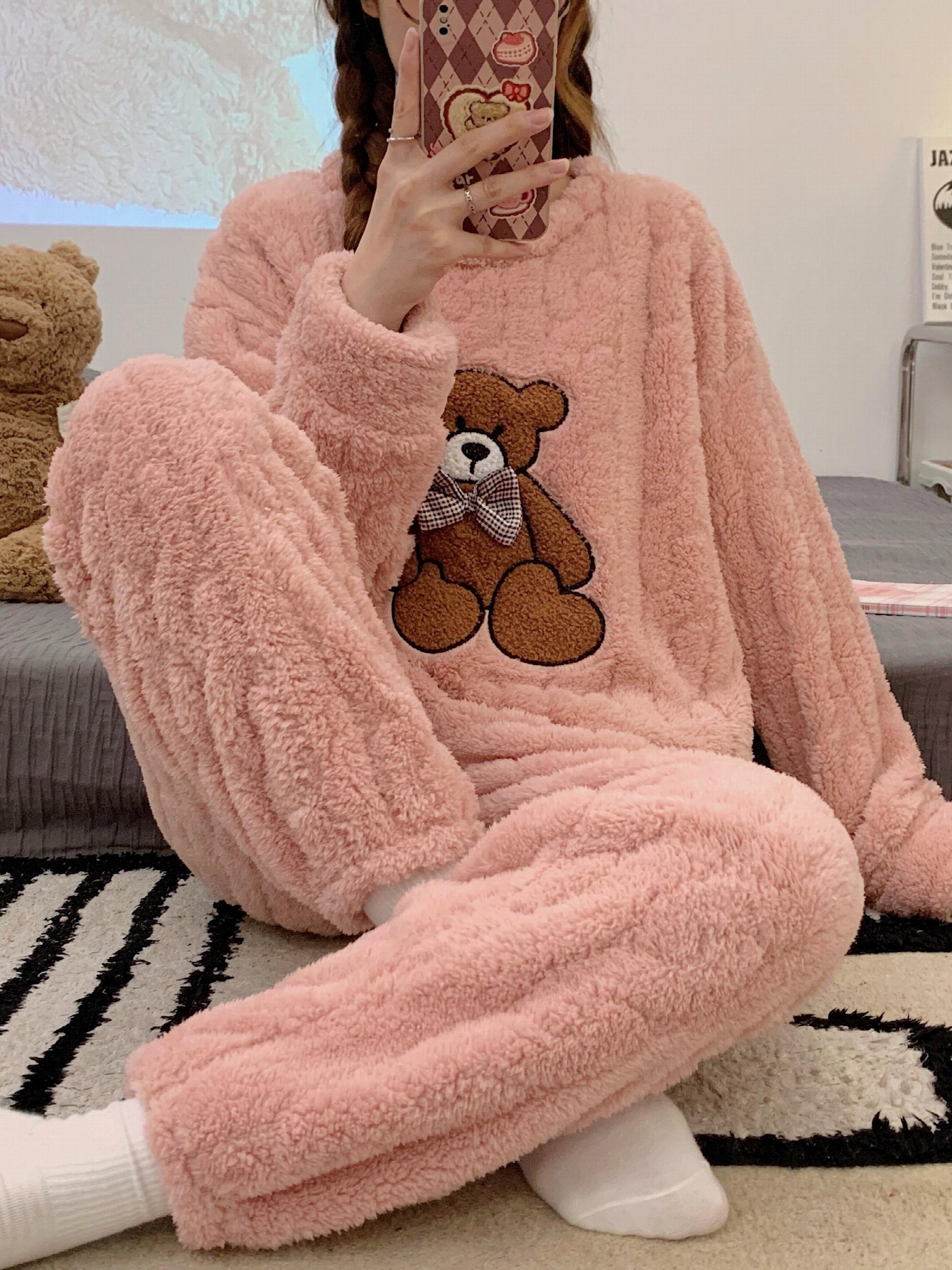 Cartoon Bear Pajama Set Long Sleeve Crew Neck Top & Pants