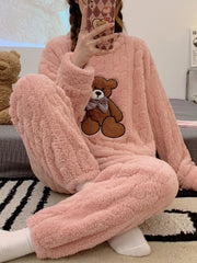 Cartoon Bear Pajama Set Long Sleeve Crew Neck Top & Pants