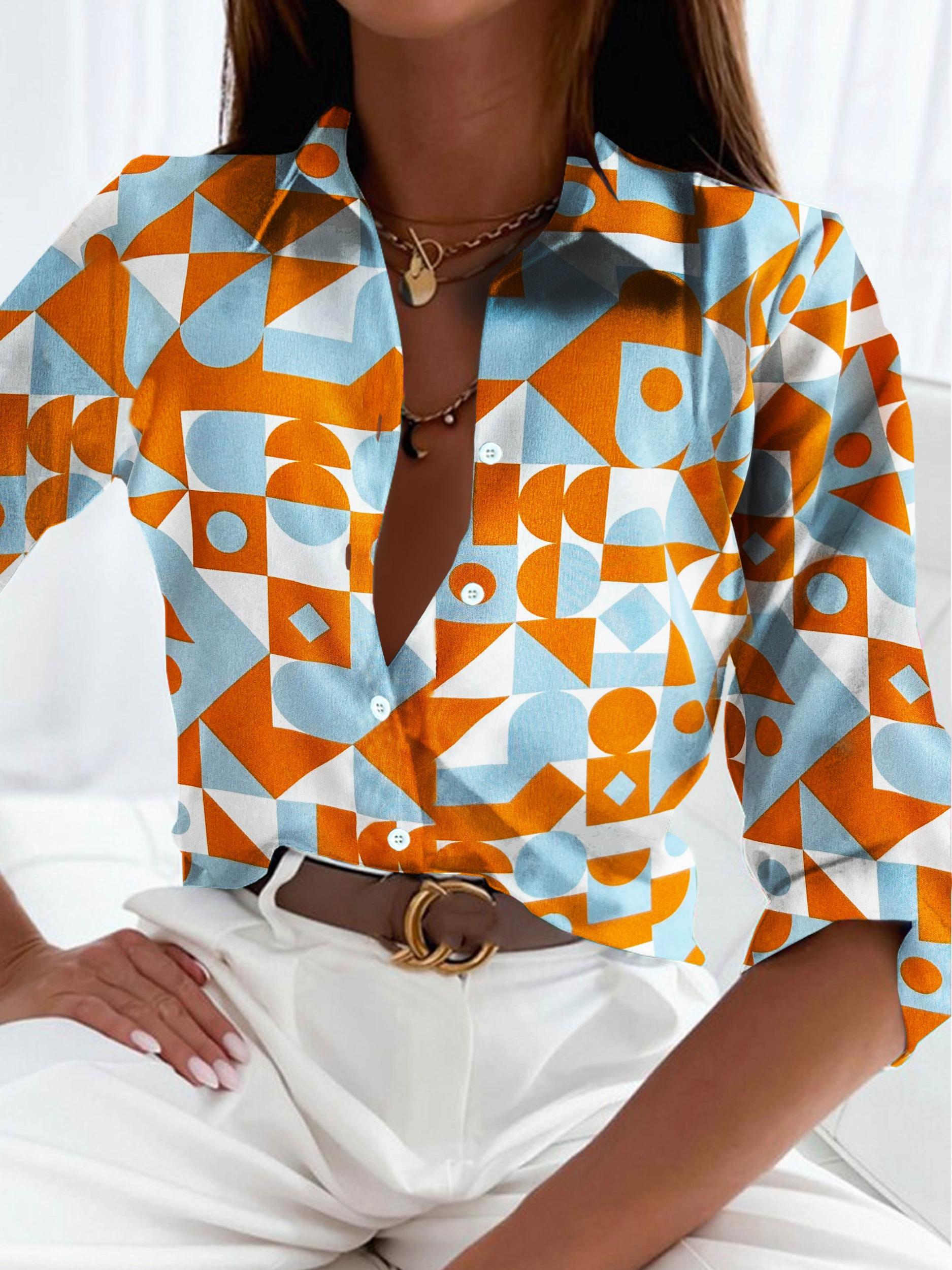 Geometric Print Plus Size Blouse Women's Long Sleeve Shirt