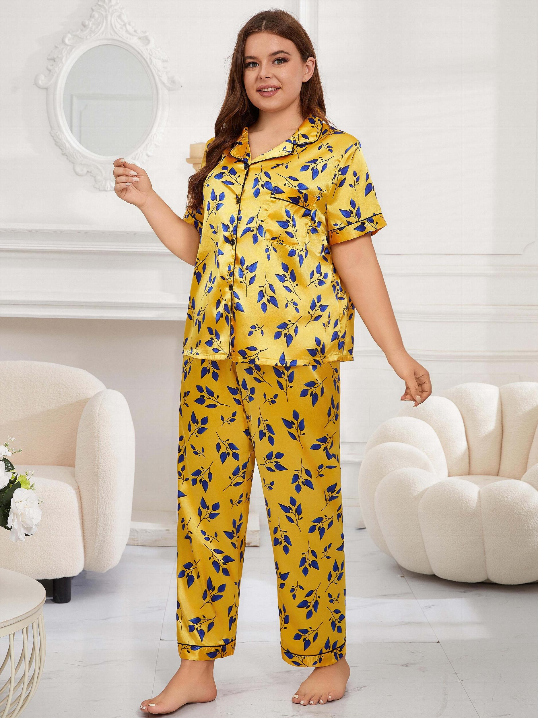 Women's Plus Leaf Print Silk Satin Pajama Set