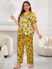 Women's Plus Leaf Print Silk Satin Pajama Set