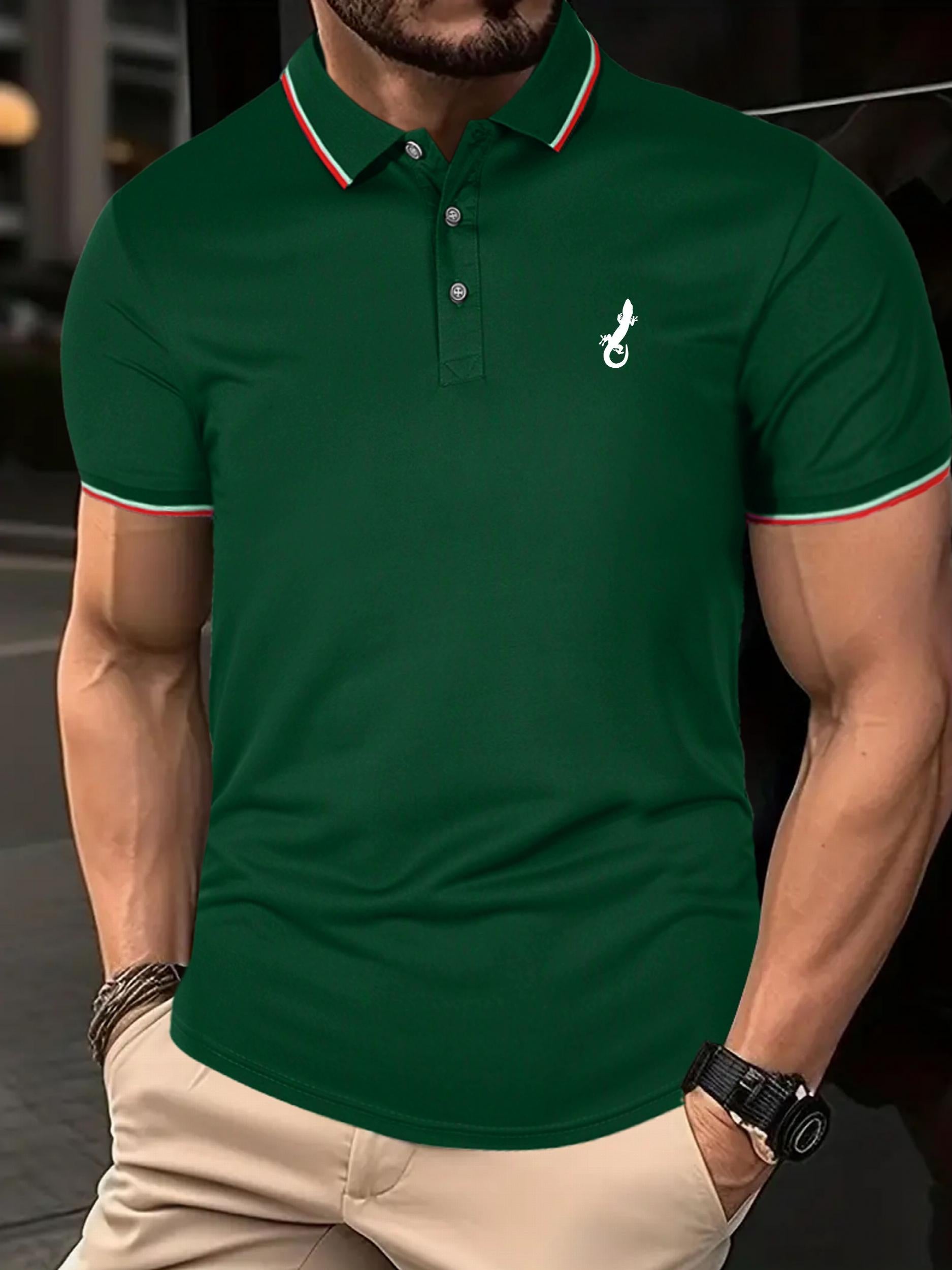 Men's Lizard Polo Shirt Stretch Breathable Button Up Short Sleeve