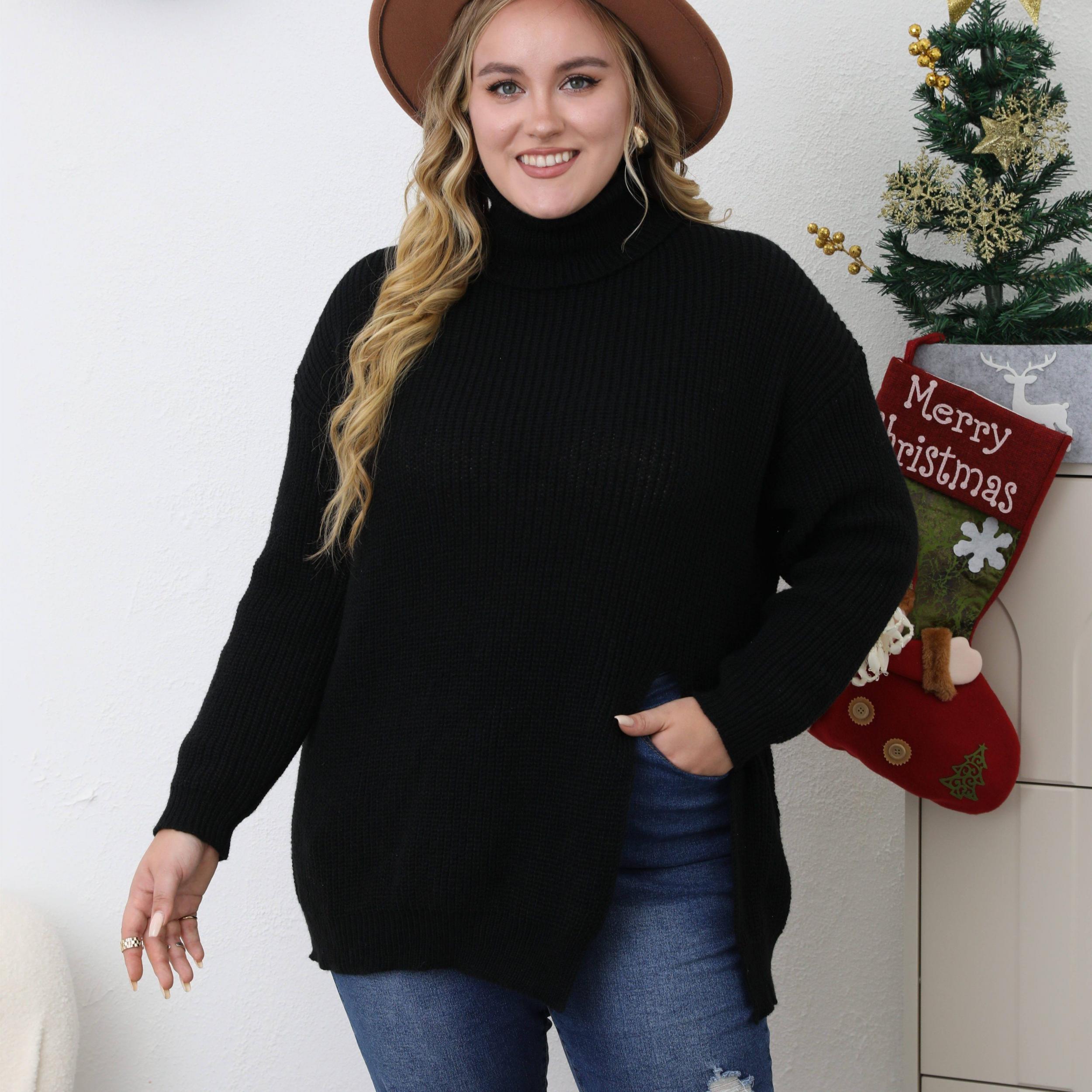 Turtleneck Sweater Long Sleeve Split Knitted Jumper