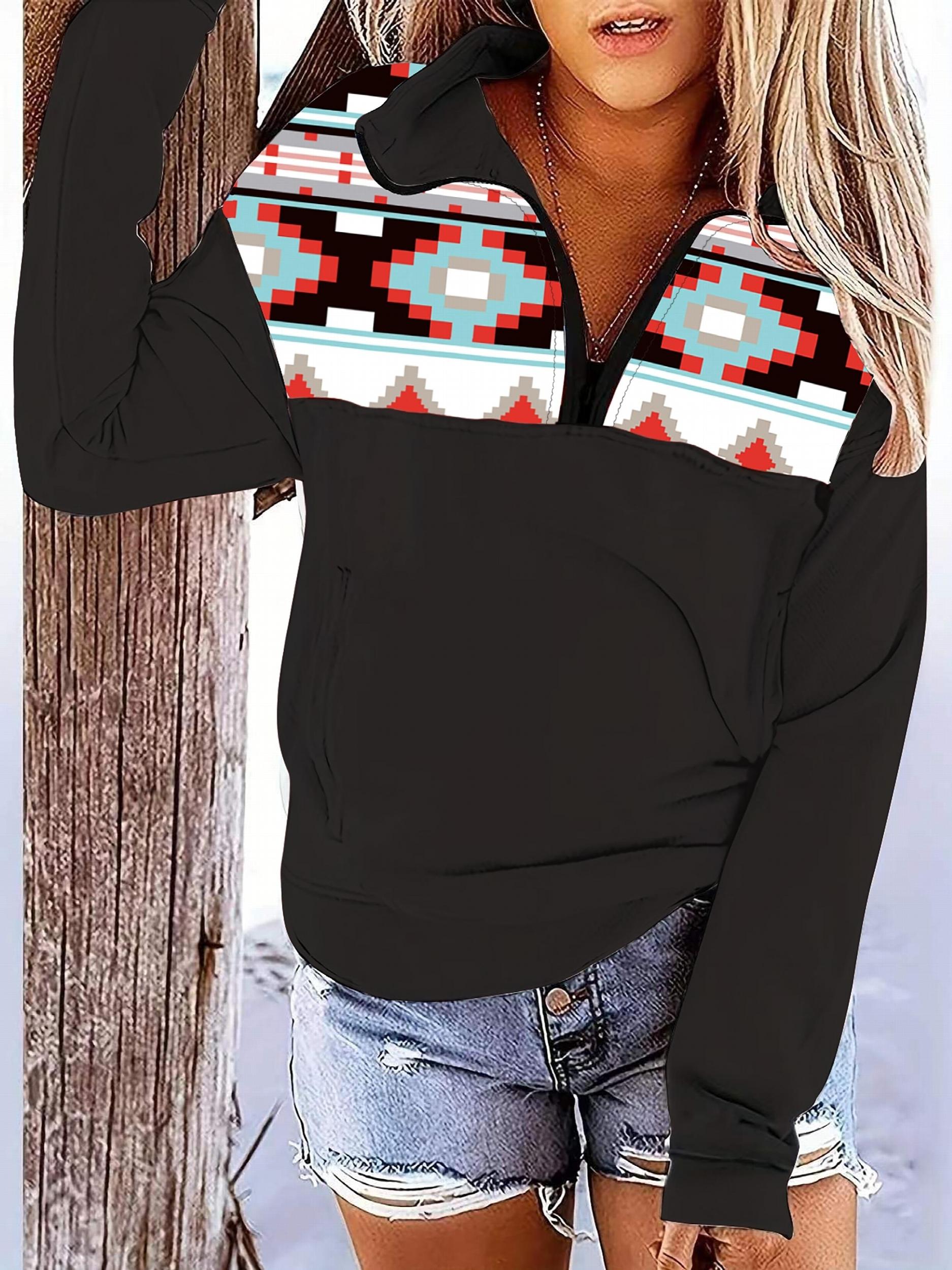Boho Pattern Stitching Long Sleeve Zip Up Pockets Hoodie