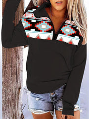 Boho Pattern Stitching Long Sleeve Zip Up Pockets Hoodie