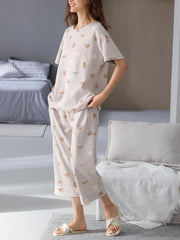 Teddy Puppy Pajamas Set Soft Top & Cropped Pants Women's Loungewear