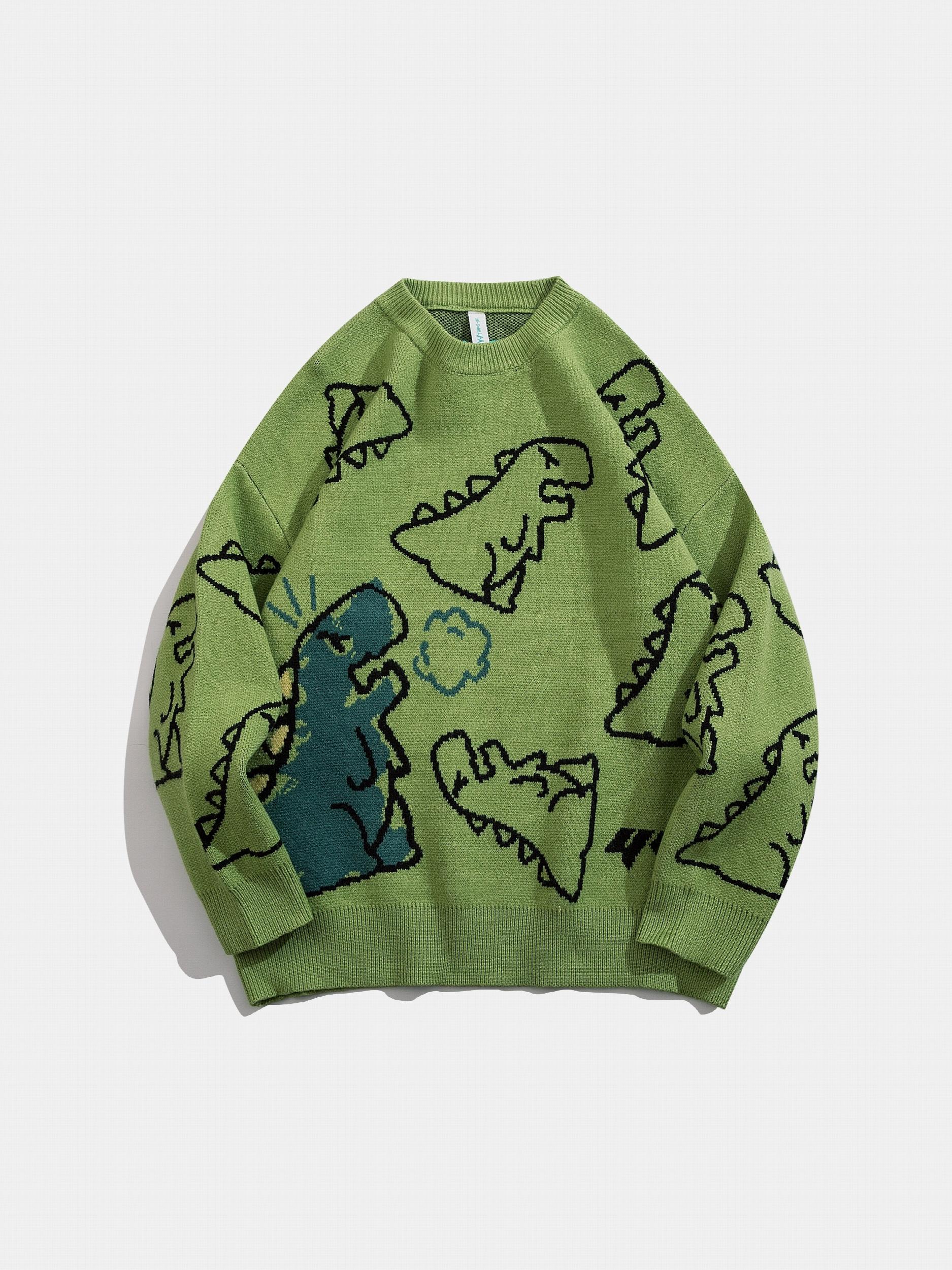 Dinosaur Pattern Knitted Sweater Men's Casual Warm Round Neck Pullover