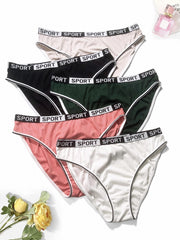 5pk Plus Size Panties Set Women's Contrast Letter Tape Mid Waisted Panties 5pcs