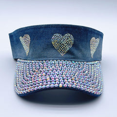 Rhinestone Heart Visor Hat Denim Washed Ponytail Sun Hat