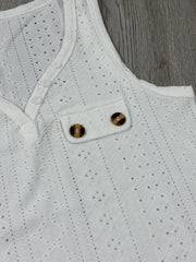 Eyelet V Neck Tank Top Button Front Sleeveless Summer Casual Women's Clothing