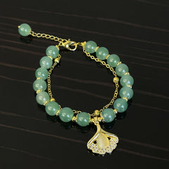 Green Jade Bracelet With Ginkgo Leaf, Perfect Gift for Her