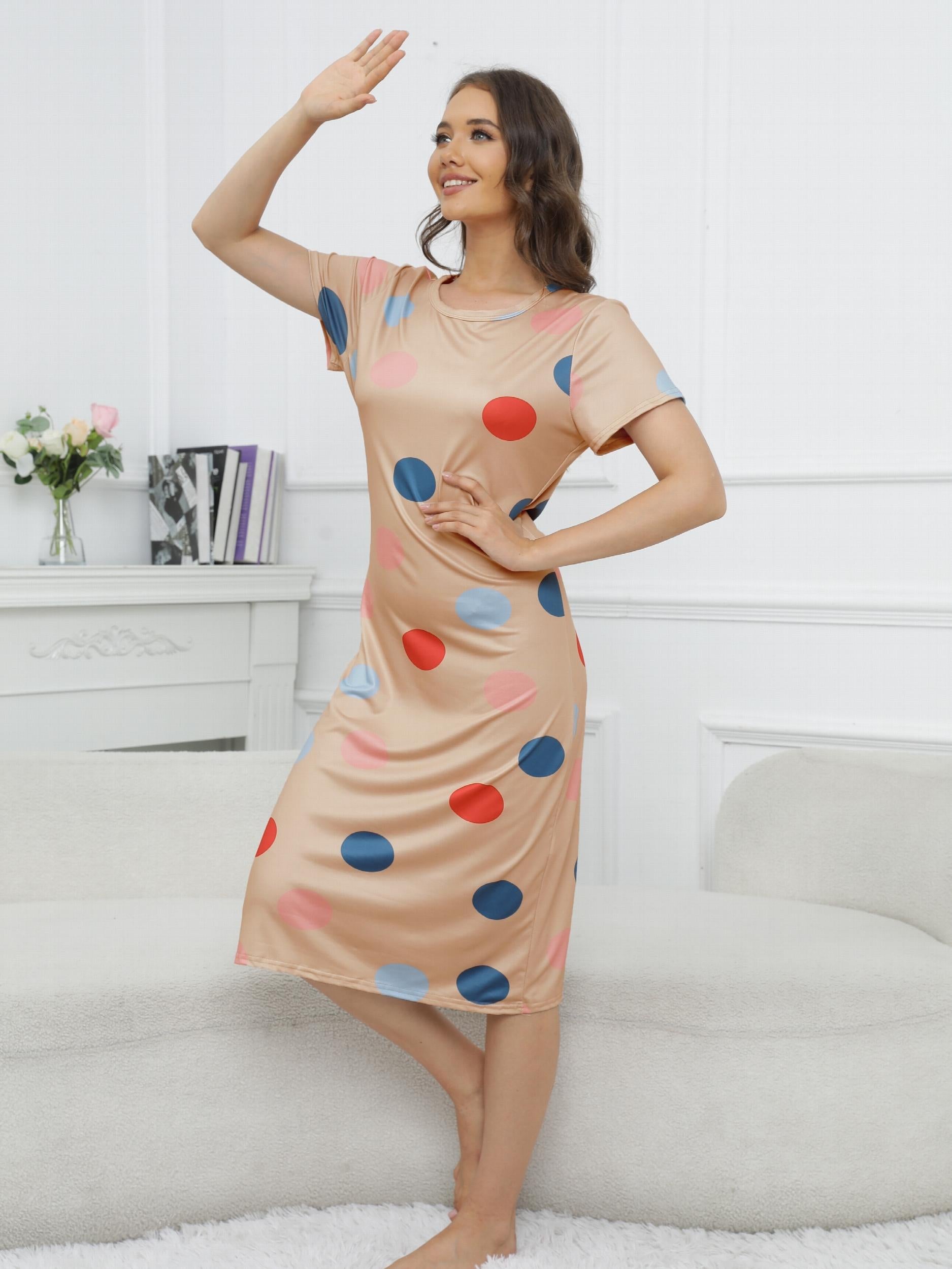 Polka Dot Print Lounge Dress Crew Neck Short Sleeve Women's Sleepwear