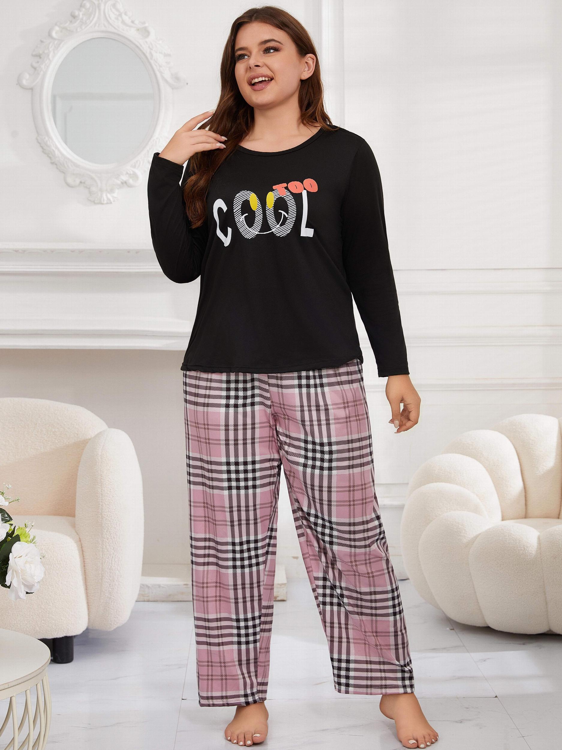Preppy Pajamas Set Women's Letter Graphic Tee & Plaid Pant