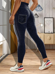 Faux Denim Print Yoga Leggings High Waist Butt Lifting Tummy Control