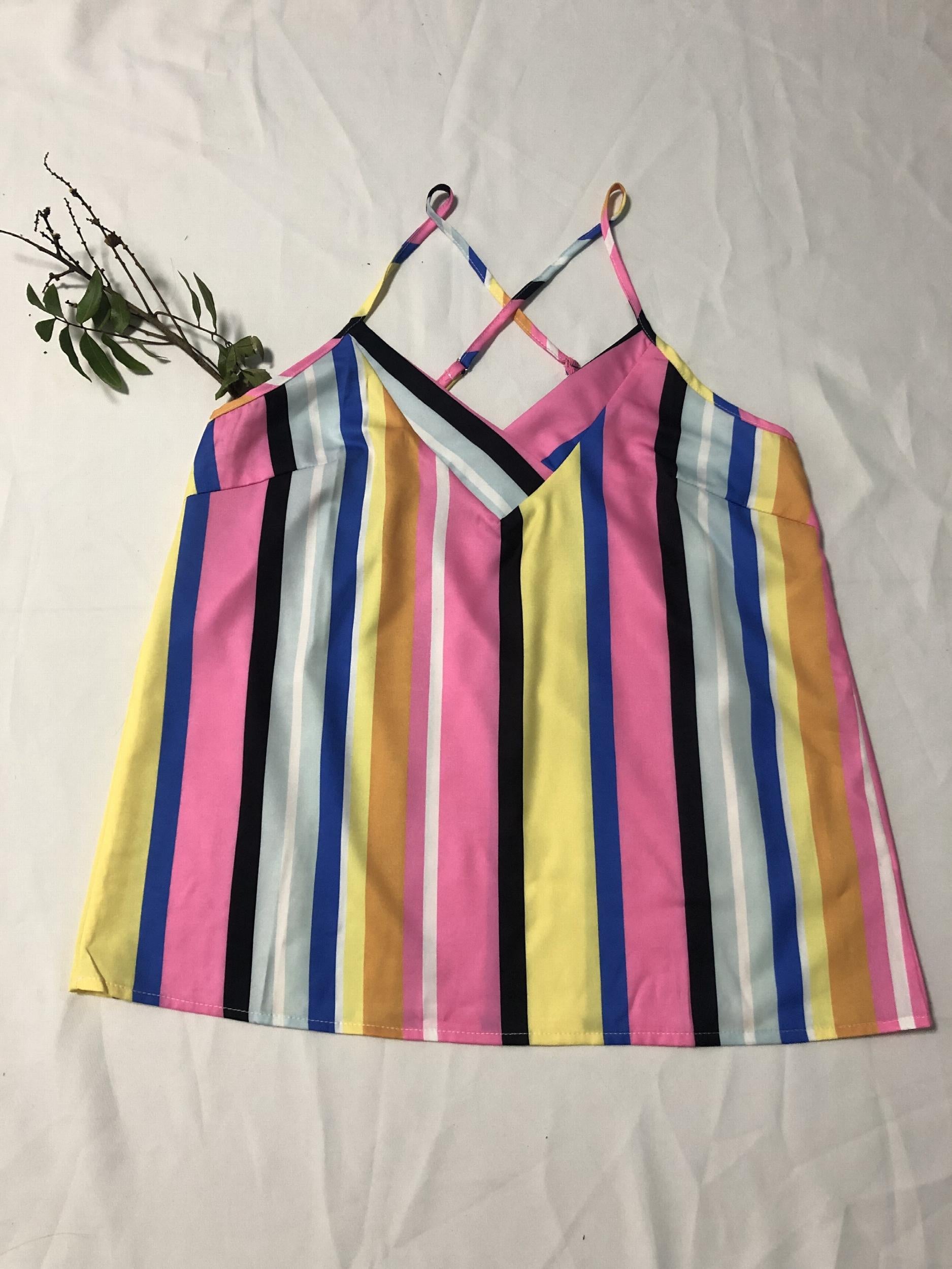 Striped Print Cami Top Boho V Neck Spaghetti Summer Sleeveless Top