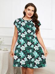 Floral Print Loungewear Dress Scallop Trim Tee Dress