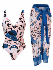 Animal Print Swimsuit Set with Cover Up Skirt