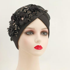 Rhinestone Flower Turban Cap Elastic Head Wrap Floral Chemo Cap