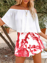 Off Shoulder Ruffle Top & Tropical Print Shorts Set