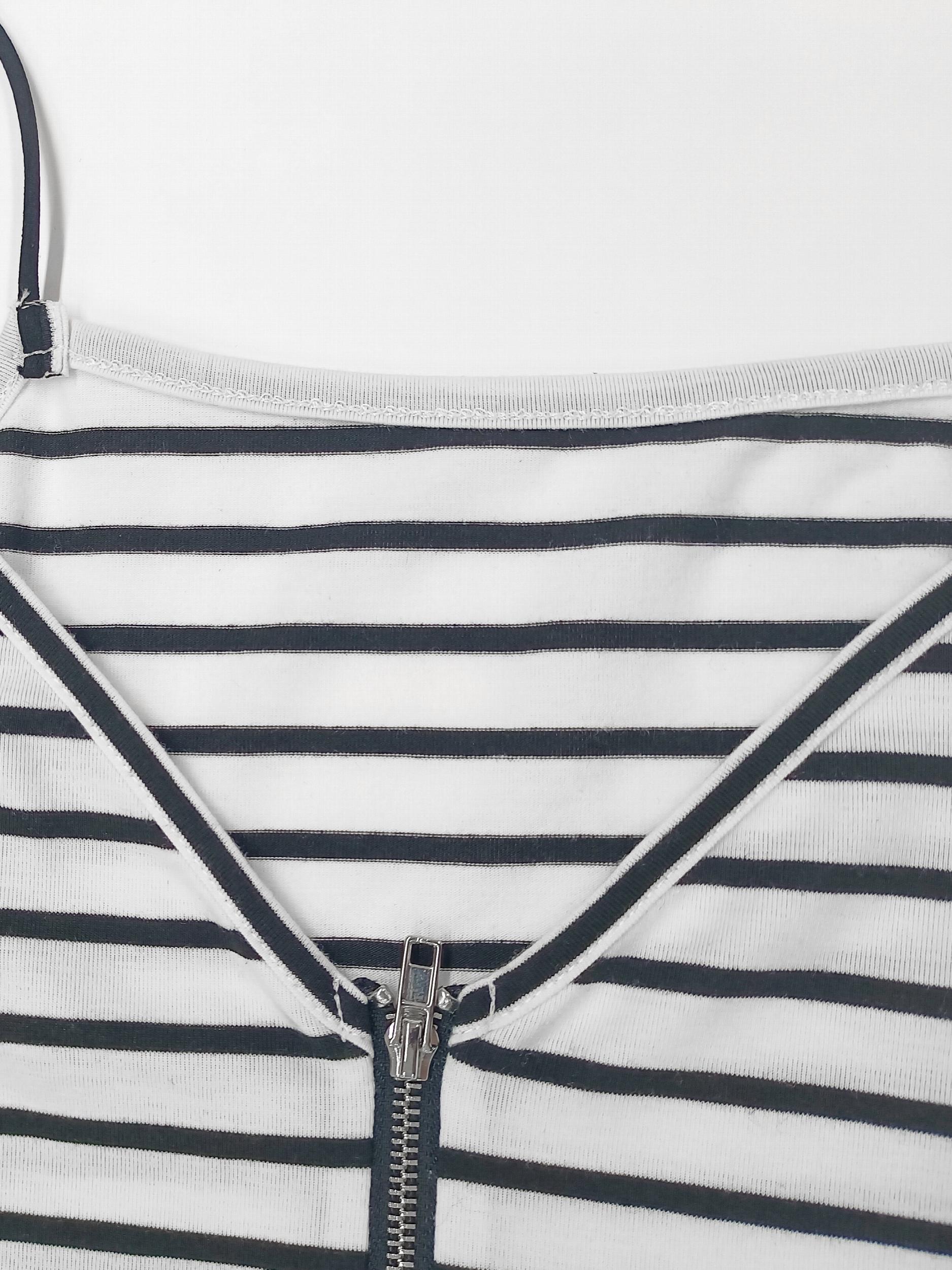Striped Zipper Spaghetti Strap Top Casual V neck Sleeveless Cami Top