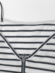 Striped Zipper Spaghetti Strap Top Casual V neck Sleeveless Cami Top