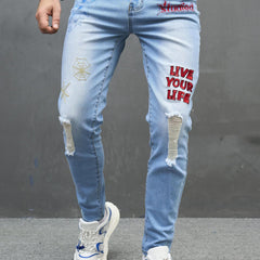 Embroidery Letter Slim Fit Ripped Jeans Men's Street Style Denim Pants