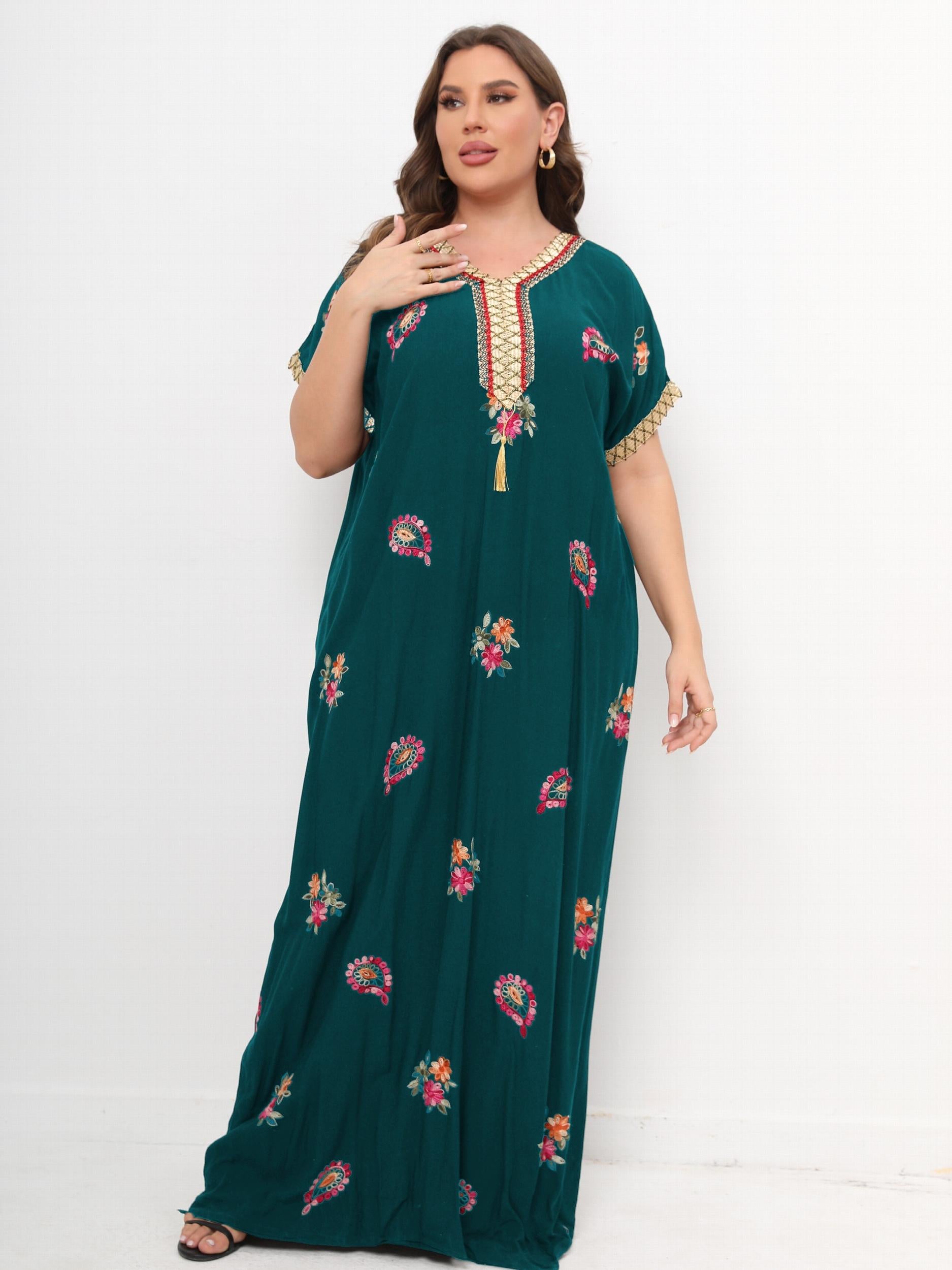 Floral Print Lace Panel Sleeve V Neck Maxi Kaftan Dress