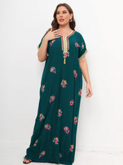 Floral Print Lace Panel Sleeve V Neck Maxi Kaftan Dress