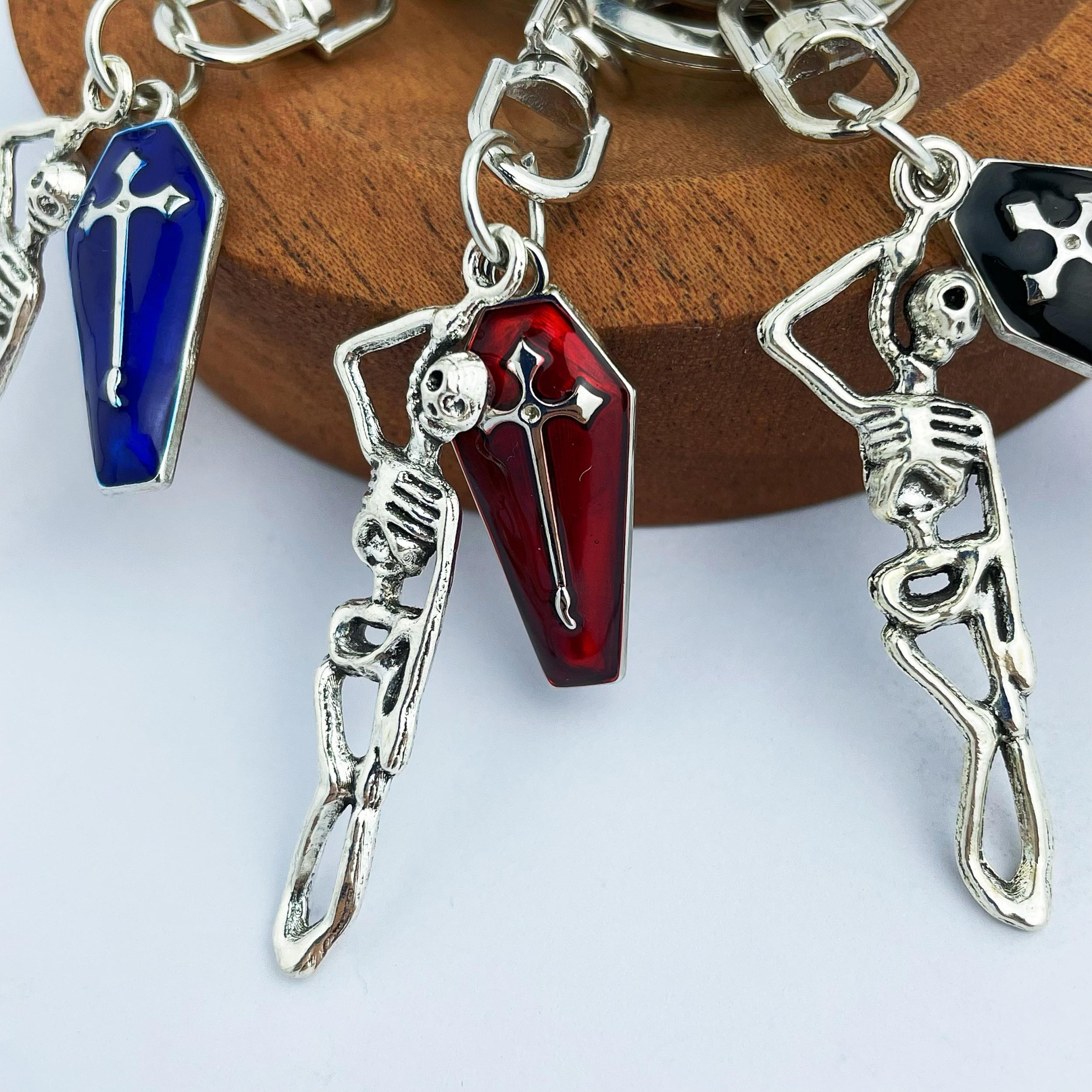 Skull & Enamel Red Cross Coffin Keychain for Wallets Bags Backpacks Car Keys