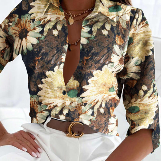 Casual Blouse Women's Plus Floral Print Button Up Collar Blouse