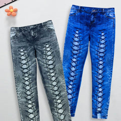 Girls 3D Denim Printed Leggings with Lace Up Design