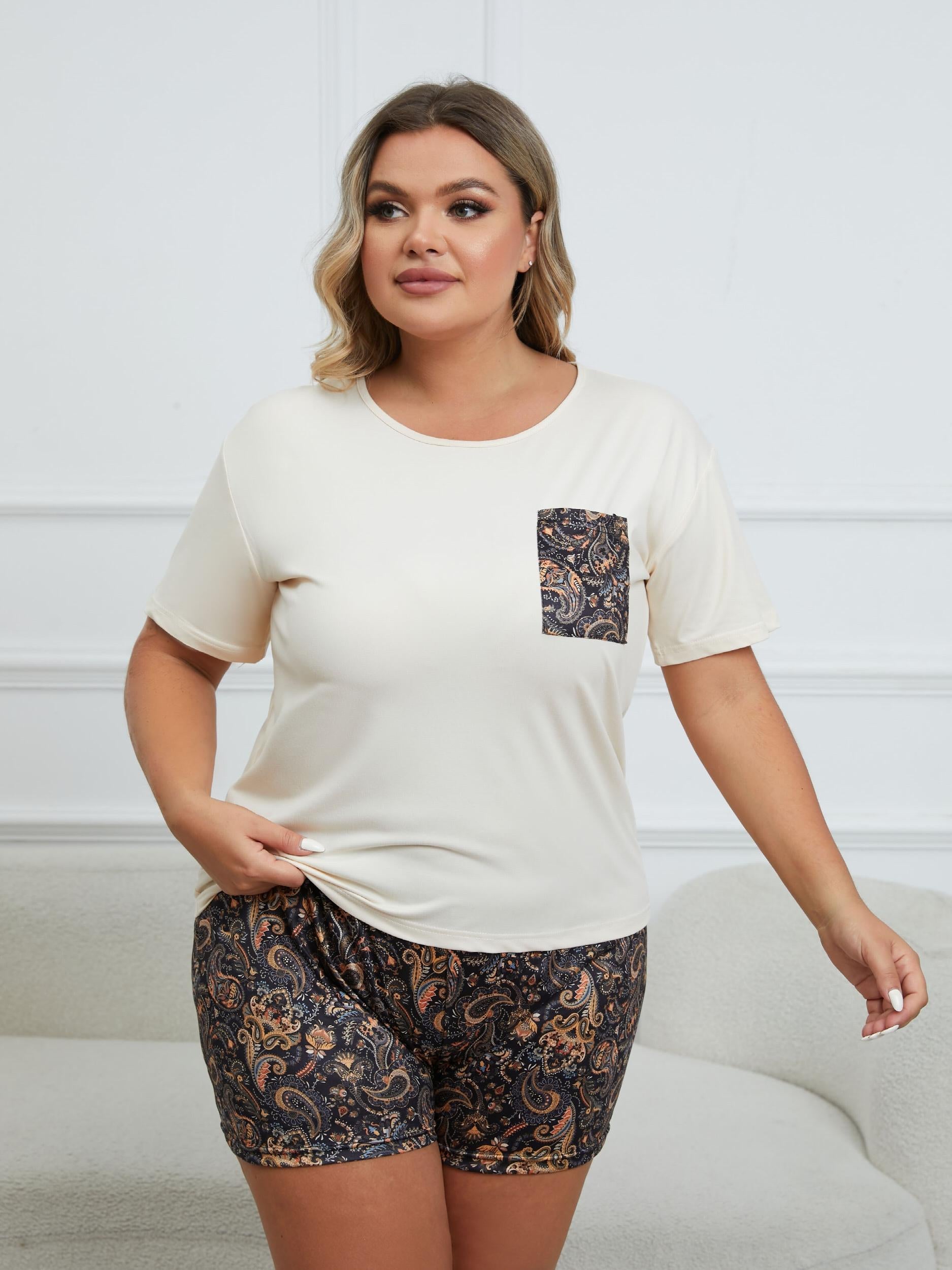 Paisley Print Short Sleeve Tee & Bow Knot Shorts Pajama 2 Piece Set