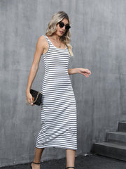 Striped Print Split Dress Sexy Squared Neck Sleeveless Dress Women's Clothing