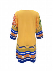Colorblock Plant Print V Neck Dress Casual Three quarter Sleeve Dress