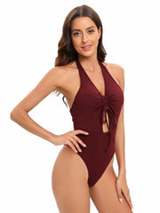 Ruched Halter Neck Bodysuit Sexy Sleeveless Drawstring Backless Slim Bodysuit