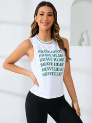 Letter Graphic Round Neck Sports Tank Top Sleeveless Workout Vest T shirt Women