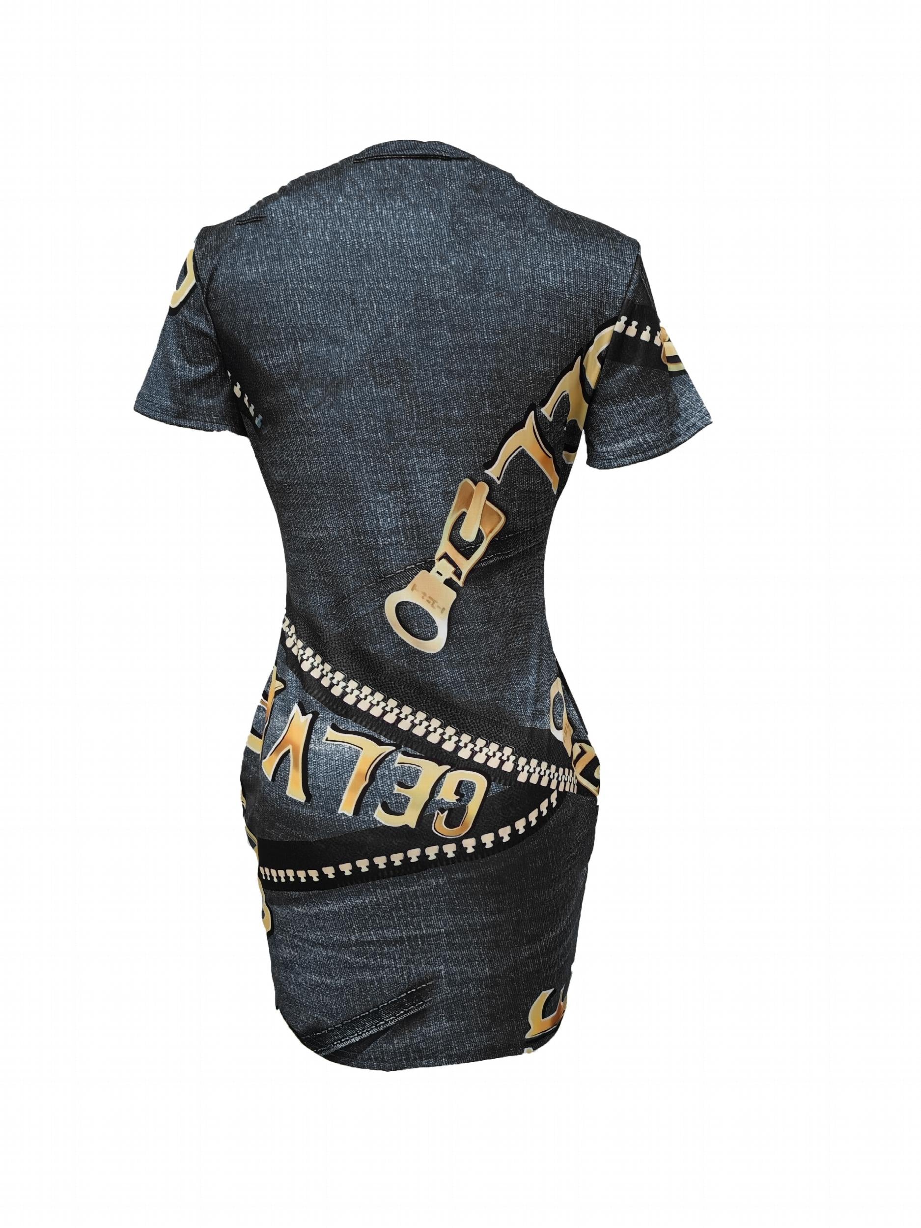 V Neck Zipper Print Slim Dress Casual Short Sleeve Waist Summer Bodycon Dresses