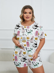 Cartoon Cats & Fish Print Tee & Shorts Pajamas Set