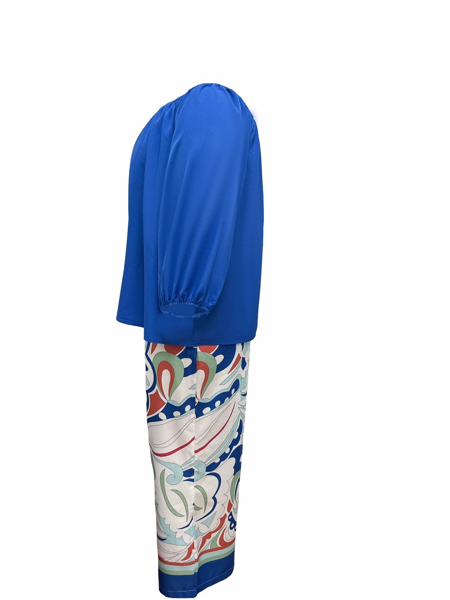 Solid Lantern Sleeve Top & Floral Print Pants Set