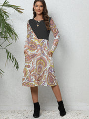 Women's Plus Colorblock Paisley Floral Print Long Sleeve Dress