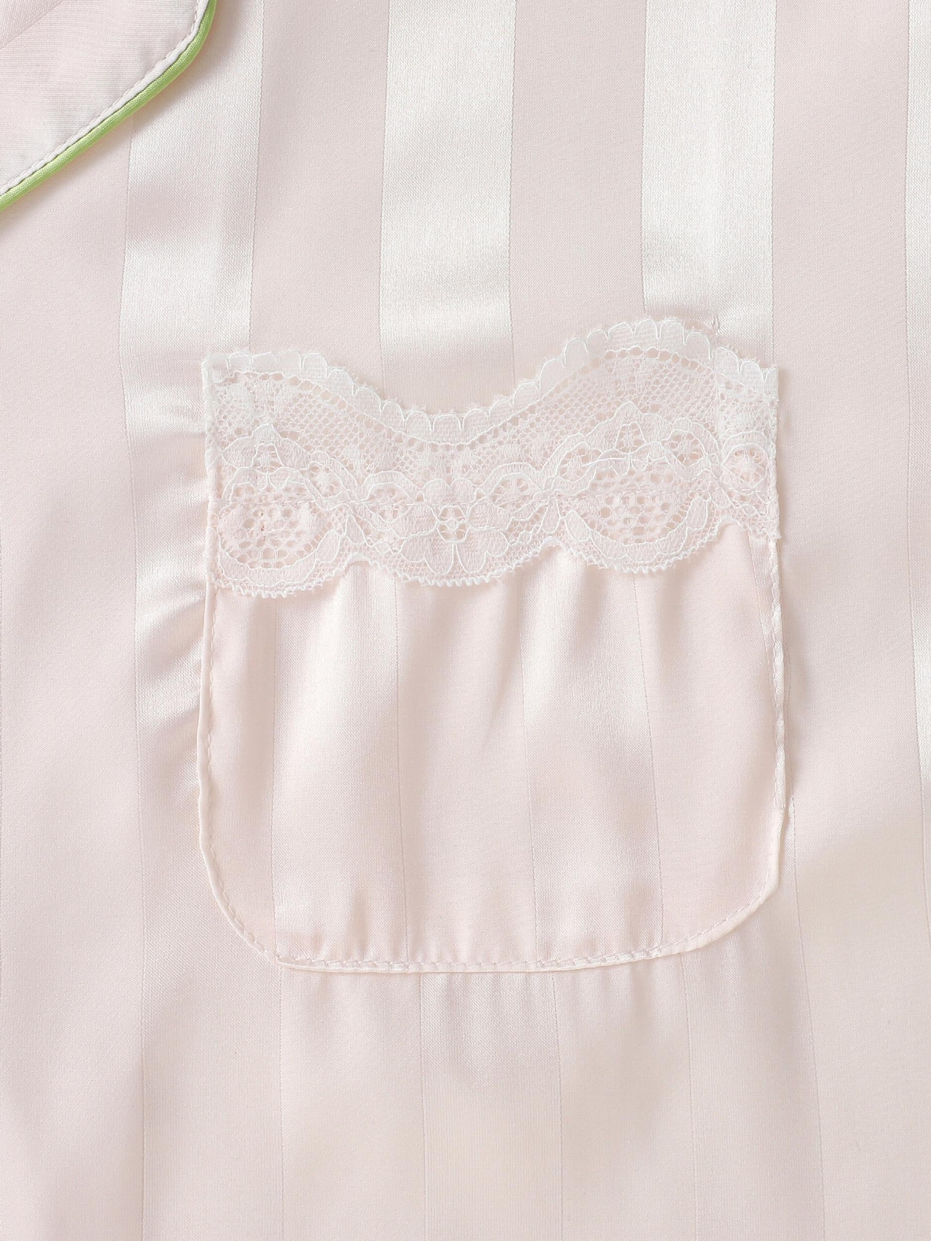 Striped Satin PJ Set Long Sleeve Top & Lace Trim Pants Sleepwear